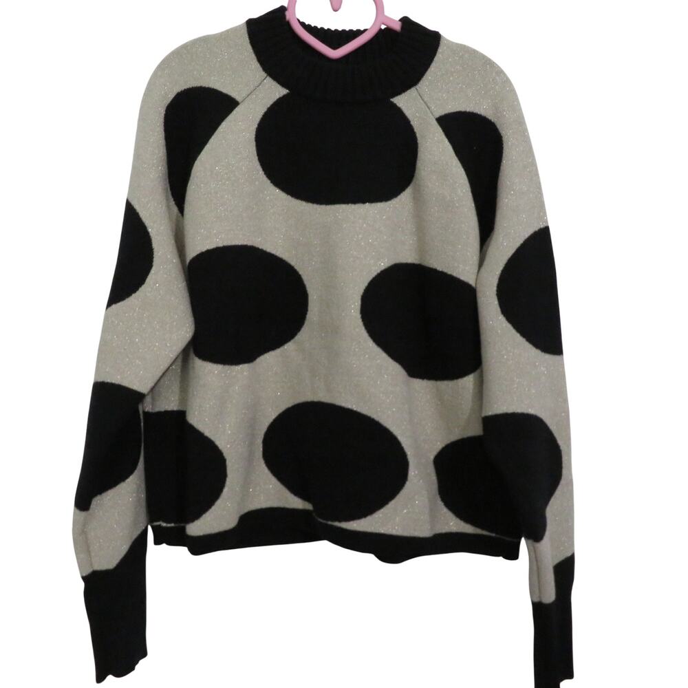 J.Crew Collection Sz M Black Beige Merino Wool Blend Metallic Polka Dot Sweater